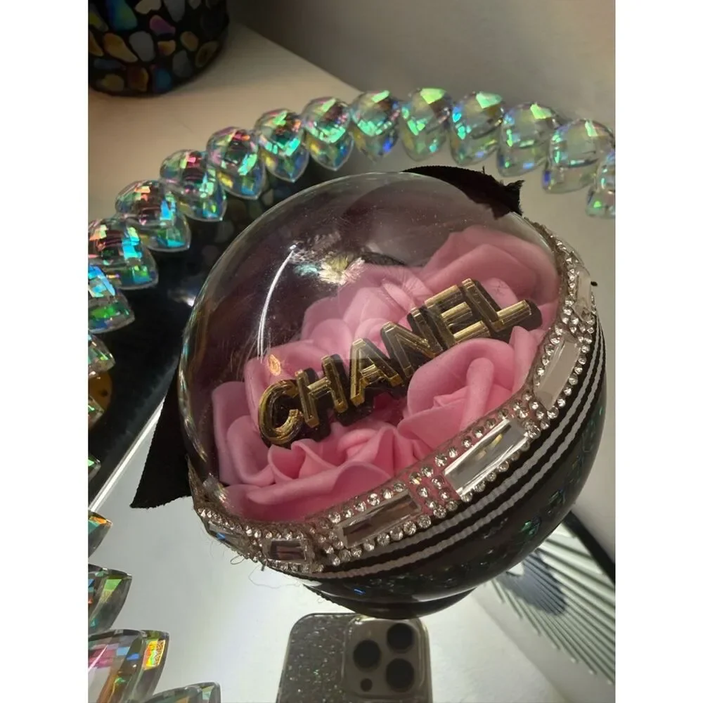 Luxury Pink Rose Ornament 4in Black Bow Gold Rhinestone Glam Chic Gift Decor